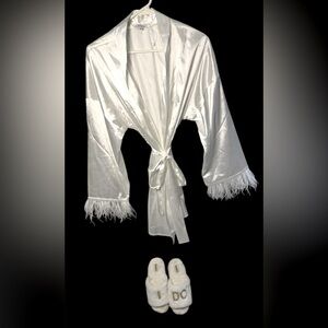 Bride bundle - White Satin Robe Feather Trim ‘I Do’ Slippers ‘Bride to Be’ sash